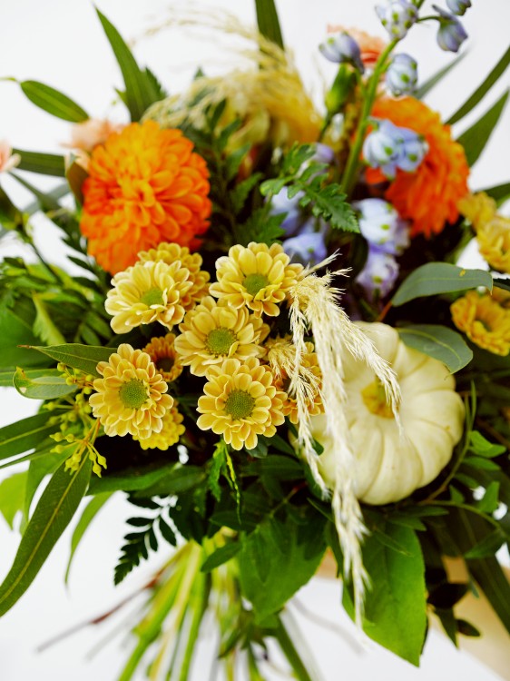 Осенний букет с голубым дельфиниумом и белой мини-тыквой &mdash; Городской букет